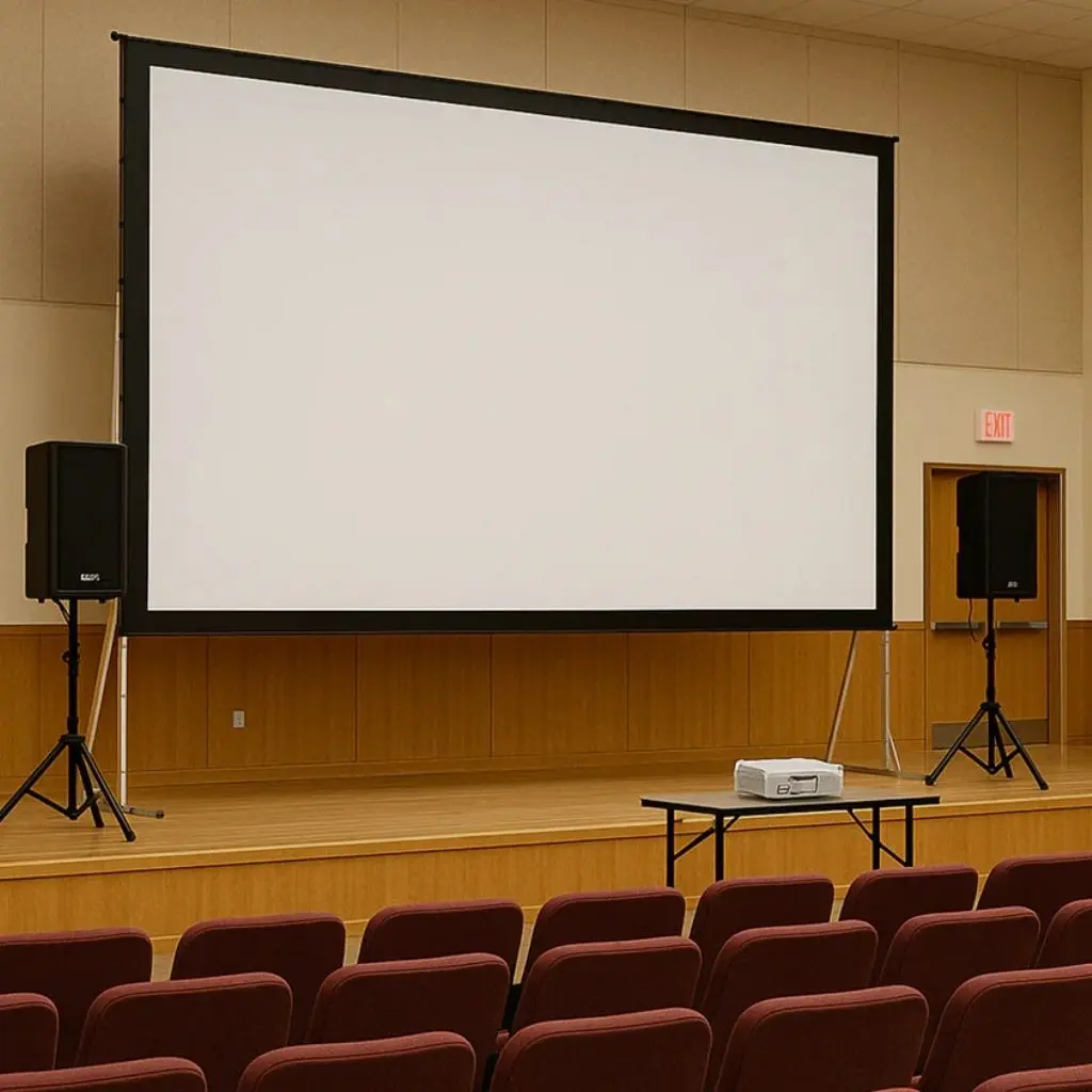 Tela de projeção com ilhós fast fold instalada em auditório para evento corporativo